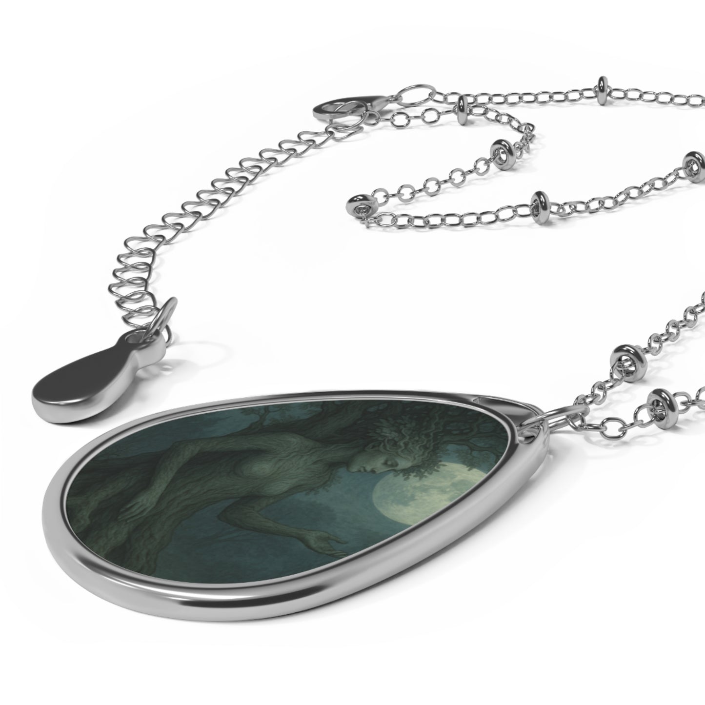 Moonlit Mermaid Oval Pendant Necklace — Silver Teardrop Locket