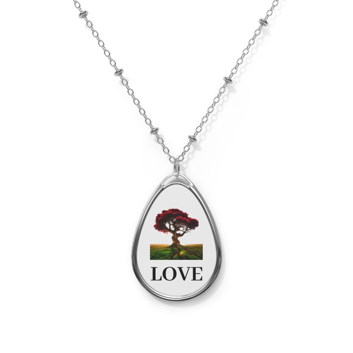Love Tree Oval Pendant Necklace — Silver Teardrop Charm with 'LOVE' Artwork