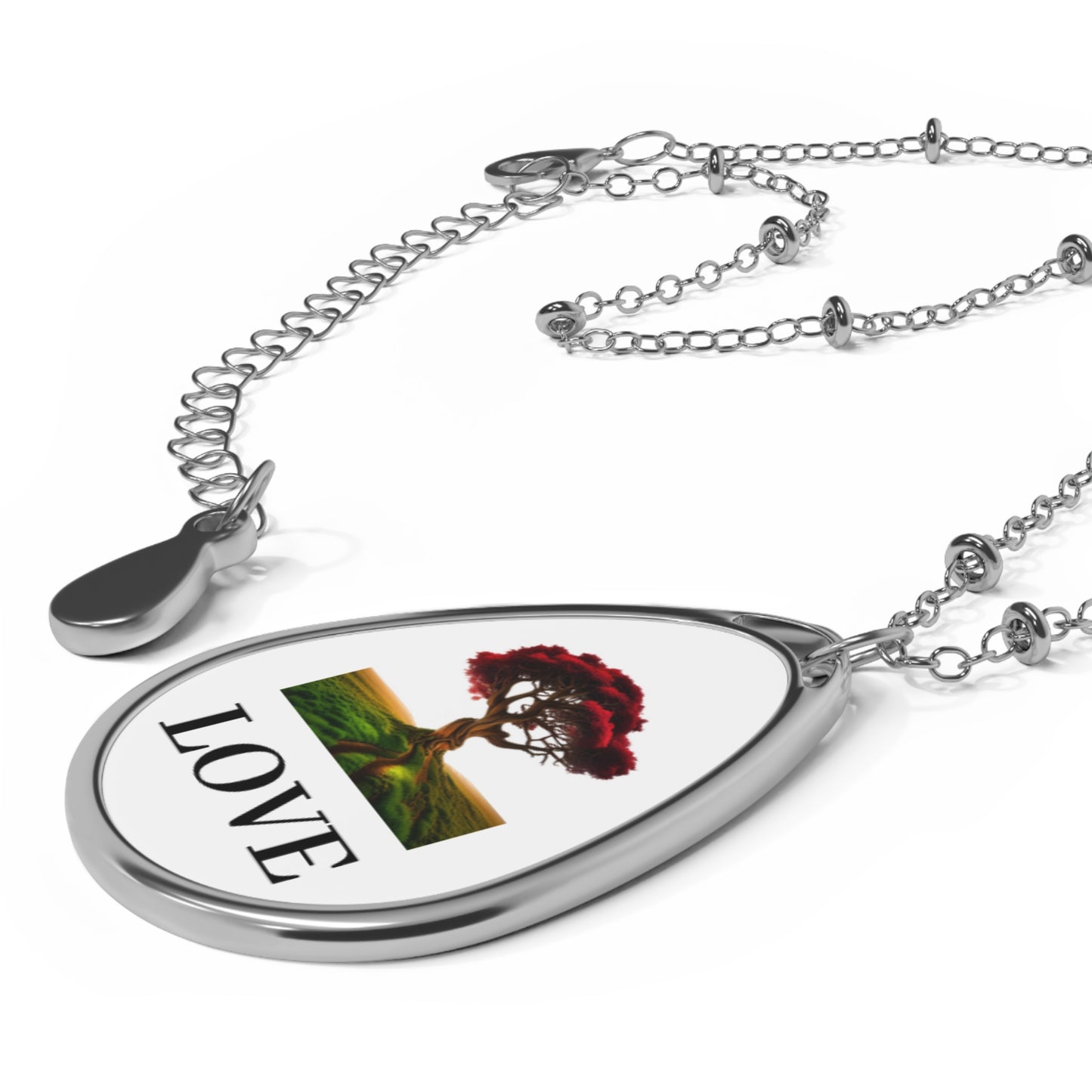 Love Tree Oval Pendant Necklace — Silver Teardrop Charm with 'LOVE' Artwork