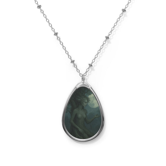 Moonlit Mermaid Oval Pendant Necklace — Silver Teardrop Locket