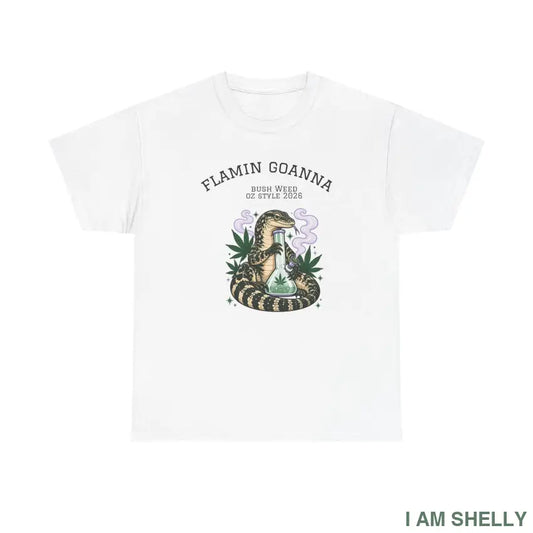 Flamin’ Goanna Snake and Cannabis Graphic T-Shirt - White / S - T-Shirt