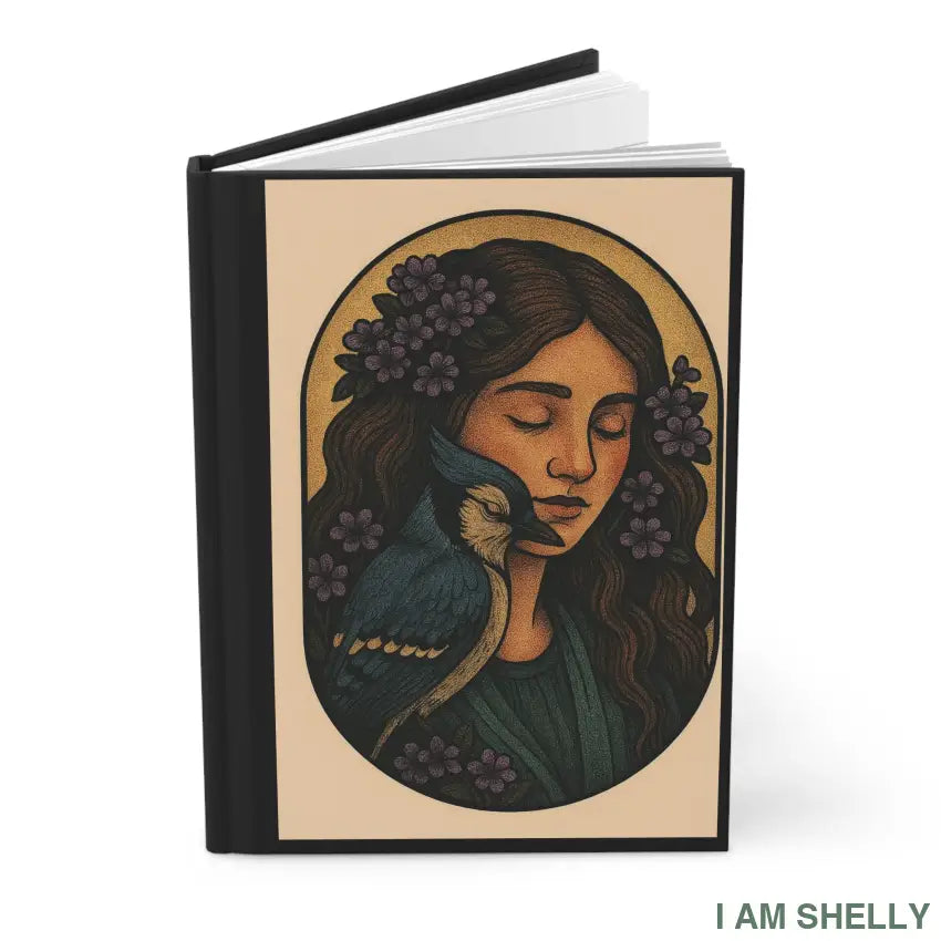 Hardcover Journal, Botanical Portrait Notebook with Girl & Blue Jay Illustration Journal Paper products