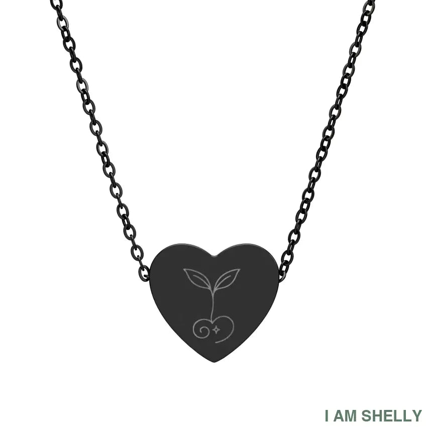 I AM SHELLY Heart Necklace with Seedling Charm Pendant One Size / Black PVD coating Accessories