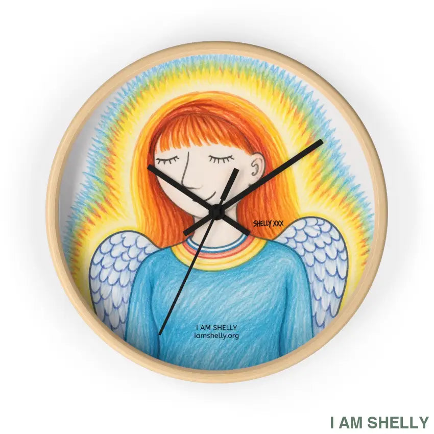 Shelly Angel Spiritual Wall Clock – Colorful Rainbow Angel Home Decor - Wooden Base / Black / 10’’ - Home Decor